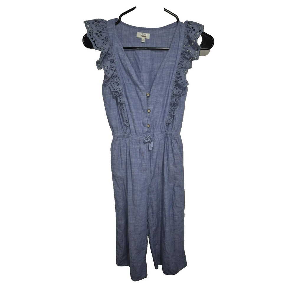 True Craft girls blue lightweight sleeveless w/ruffles and buttons romper sz‎ M